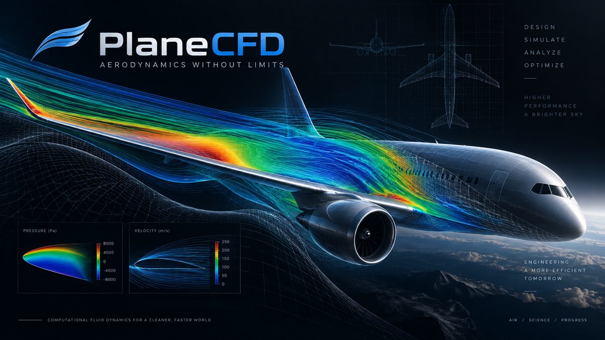 PlaneCFD — aerodynamics without limits. An airliner in flight wrapped in CFD streamlines, coloured from blue to red by flow speed, with pressure and velocity plots of an airfoil.